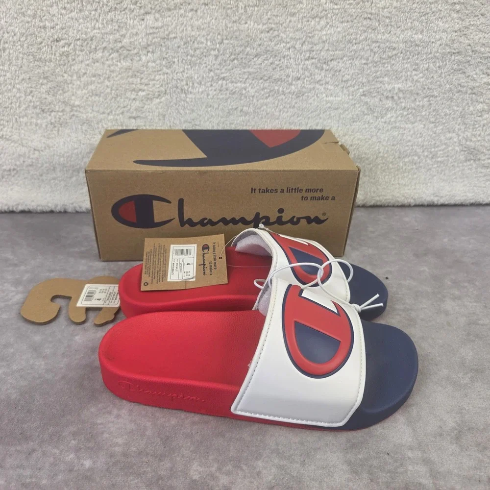 Champion IPO Split Slides White Red Blue Youth Size 4 CP101335Y Big C Sandals